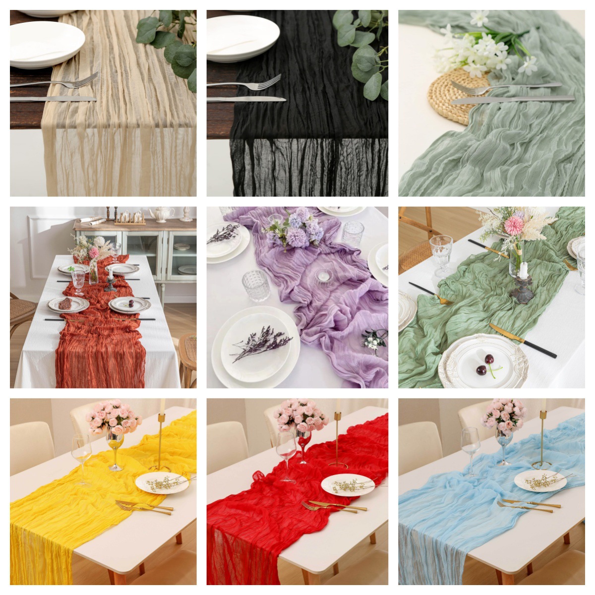 Linen Table Runner - Boho Gauze Table Runner, Crinkled Cheesecloth