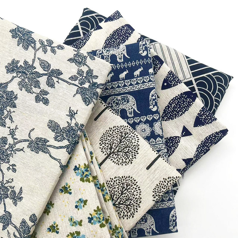 Linen Table Runner - Vintage Blue Floral Cotton Linen Fabric,