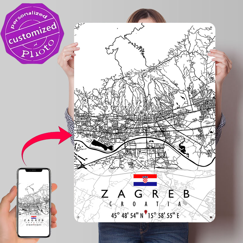 Home Decor Zagreb - ZAGREB MAP CROATIA 3D Texture Metal