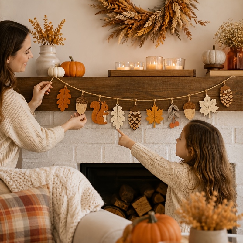 Home Decor Garland - Autumn Wooden Garland Squirrel Maple Leaf