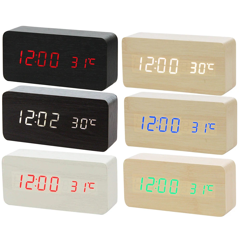 Vintage Alarm Clock - Multicolor Sound Control Wooden LED Alarm