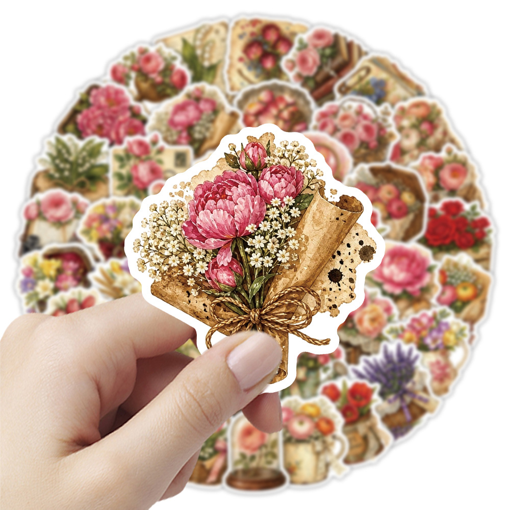 Dried Flower Bouquet - 50Pcs Vintage Floral Stickers Retro Dried